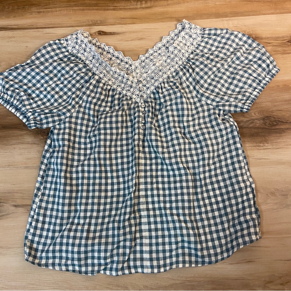 Madewell Top Womens XXS Embroidered Linen-Blend Swing Top in Gingham Check